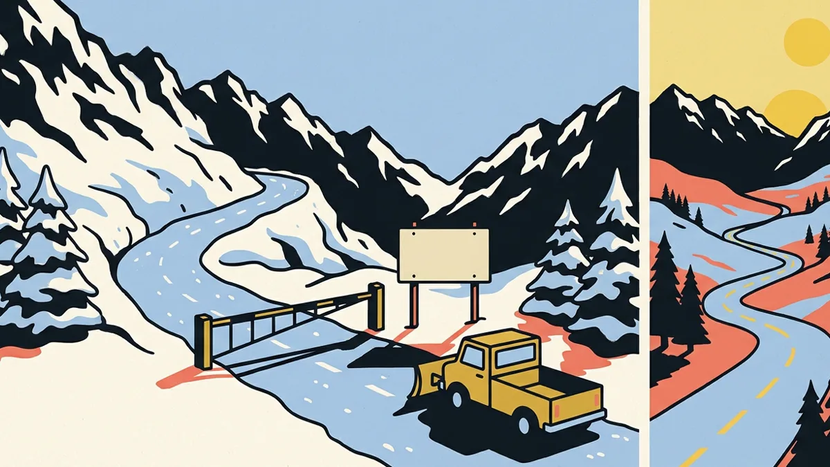 插畫:雪山埡口的公路上橫著一道關閉的柵門和一塊空白告示牌,旁邊停著一台鏟雪車,右邊是陽光下還能通行的山谷公路