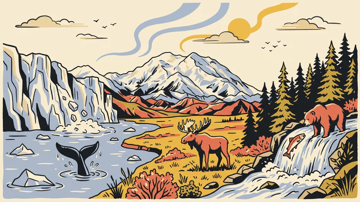阿拉斯加插画:左边是崩落进峡湾的冰川与鲸鱼尾,中间是雪山、苔原与驼鹿,右边是在瀑布抓鲑鱼的棕熊,天空有极光