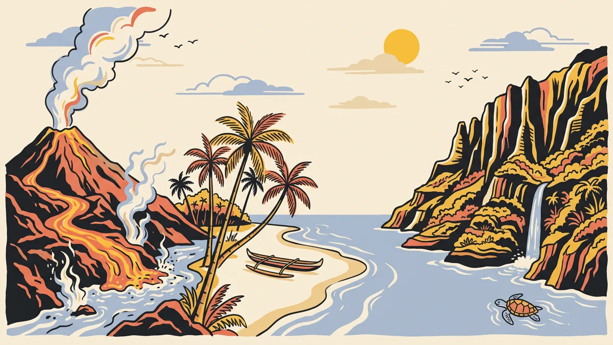 夏威夷插畫:左邊是岩漿流進海裡的火山,中間是棕櫚樹、沙灘與獨木舟,右邊是有瀑布的海崖與海龜