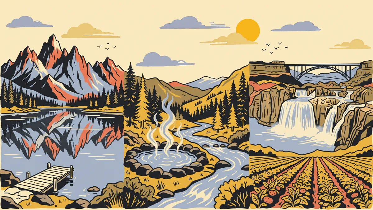 爱达荷插画:倒映在高山湖里的锯齿状山峰、河边冒着热气的天然温泉池、落入玄武岩峡谷的瀑布与拱桥
